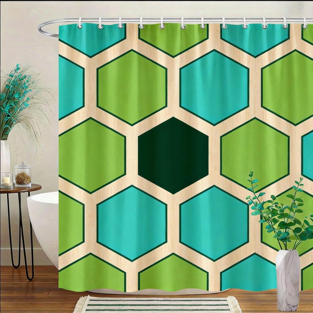 Modern Geometric Shower Curtain 180X180Cm – Red Black Gray Interlocking Shapes On White, Minimalist Bathroom Decor, 12 Hooks