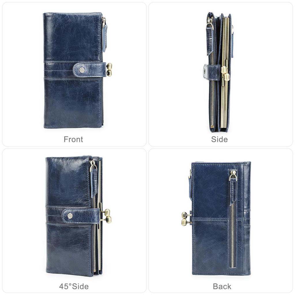 Lange Geldbörse aus echtem Leder für Damen, Geldbörse mit Metallrahmen, Kartenhalter, Haspe und Münzfach mit Reißverschluss, für 6,7-Zoll-Telefon, RFID-Geldbörse