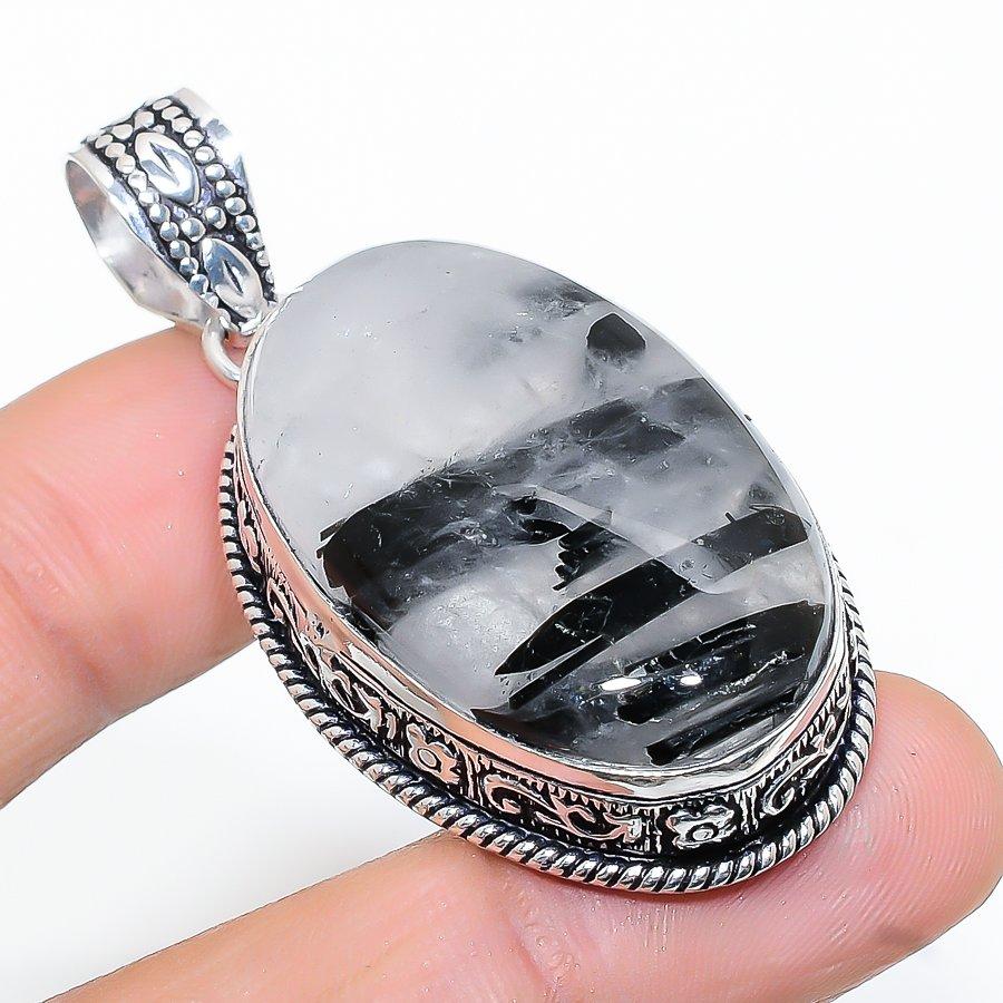 

Natural Black Rutile Gemstone Handmade 925 Sterling Silver Pendant 2.17 V2z44