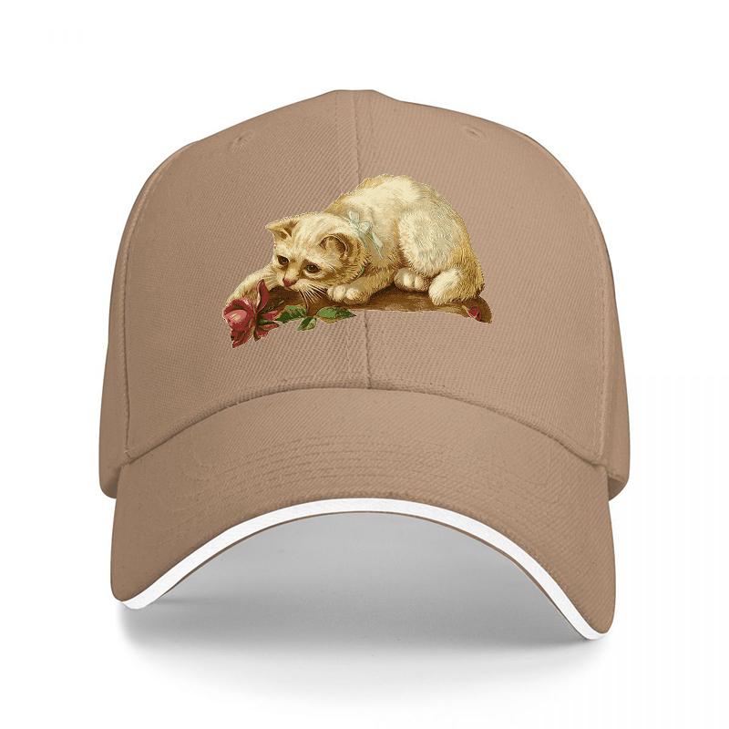 Cute Cat with Rose Embroidered Baseball Cap Classic Black Adjustable Hat for Unisex and Women Fashionable Streetwear Accessory