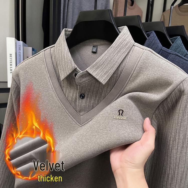 2025 Winter Men's Faux Two-Piece Sweater: New Thick Knit with Shirt Collar and Warm Velvet Layer
