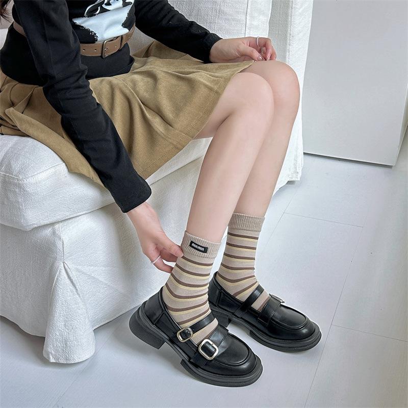 Gestreifte Stoffetikett Socken, Damen Mittelschaftsocken, Trendige Reine Baumwolle Frühling und Herbst Color-Blocked Socken, Winter Frottee Lange Socken