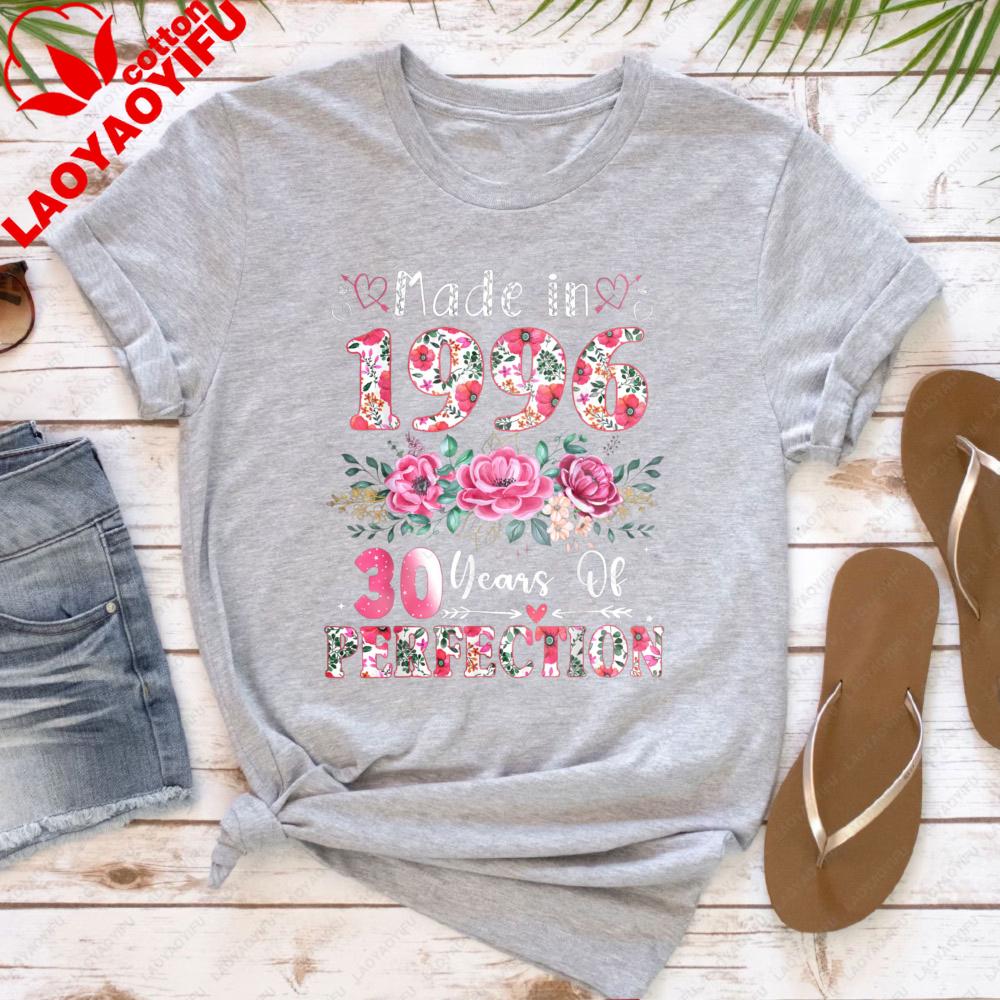 Made in 1996 T Shirt Women 30 Years of Perfection Floral Graphic Tee 30th Birthday Gift Cotton Short Sleeve O Neck Tops