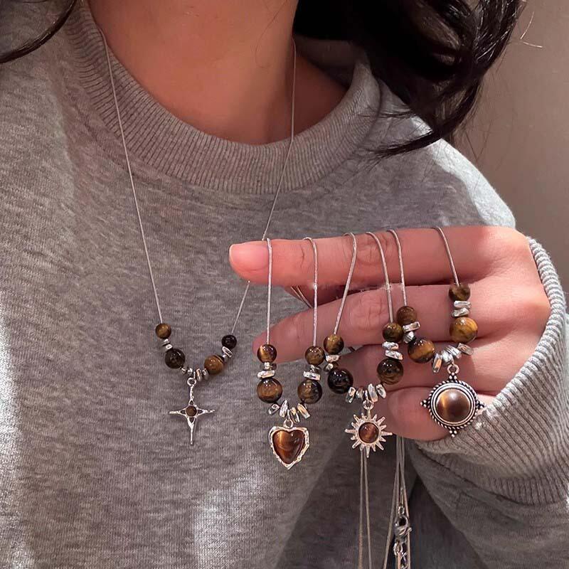Vintage Silver Color Cross Star Heart Pendant Necklace for Women Hiphop Punk Brown Stone Bead Necklace Sweater Chain Jewelry