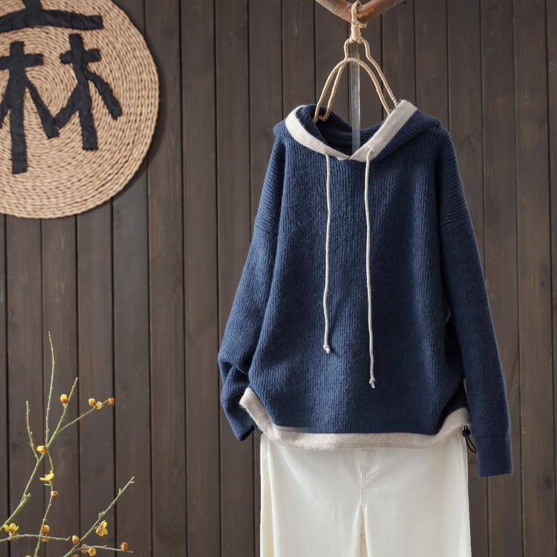 Autumn Winter Hooded Contrast Color Drawstring Long Sleeve Casual Sweater Women's Pullover Fashion Loose Knitted Bottom Tops