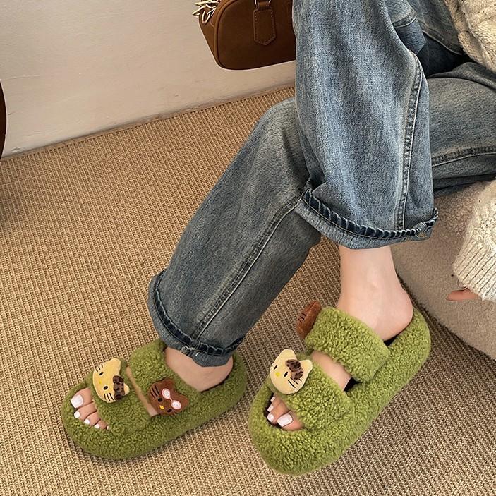 Cute cartoon black non-slip thick-soled fluffy slippers for women's outer wear 2025 new autumn and winter versatile soft bottom one-word drag