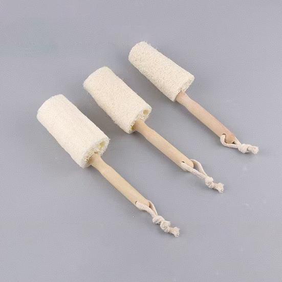 Wooden Handle Cup Brush Natural Loofah Bristles Long Thin Handle Bottles Glassware Scrubber with Lanyard Design