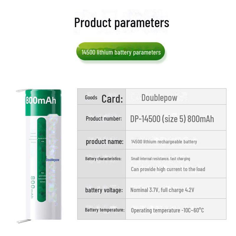 Bateria de lítio recarregável de cabeça chata dupla 14500 3,7 V com pés de solda, bateria para aparelho de barbear de 800 mAh