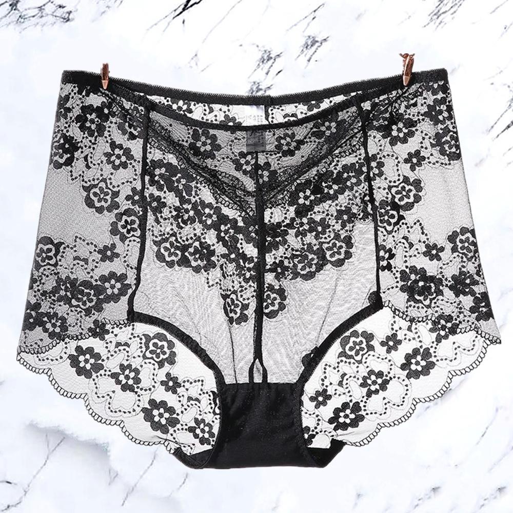 Plus Size M-3XL Big Women Floral Transparent Lace Panties Sexy High Waist Underwear Hollow Out Solid Color Perspective Lingerie