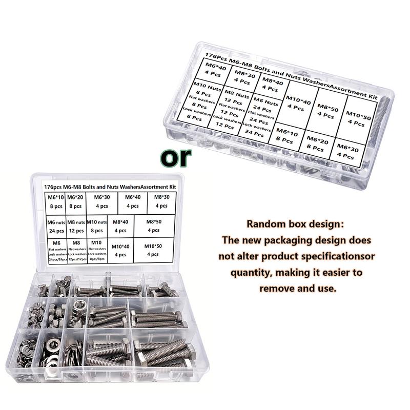 176pcs Stainless Steel M6, M8, M10 Bolts and Nuts Set with Washers - Heavy Duty Industrial Fasteners