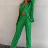 Casual High Wasit Pleated Pants Set Women Autumn Long Sleeve Blouses Matching Wide Trousers Suit Green Pleated 2 Piece Pant Sets