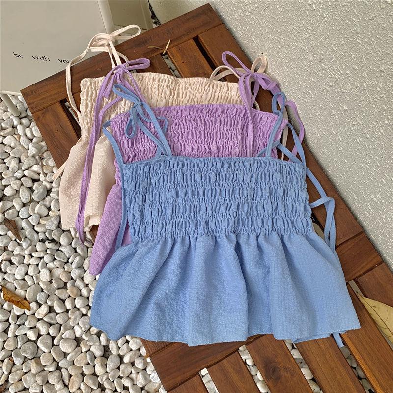 Camisole Women Pleated Y2k Summer Crop Tank Top Woman Sexy Tee Shirt Femme Short Cute Bandage Tanks Camis Skinny Tshirt Clothes