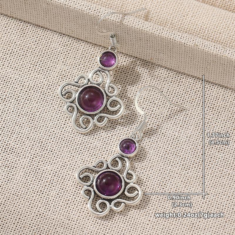 Vintage Silver Color Purple Stone Dangle Earrings Woman Geometry Hollow Party Daily Wear