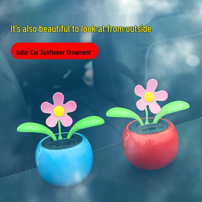 Sonnenbetriebene Sonnenblumen- und Apfelblüten-Autodekoration - Niedliche winkende Cartoon-Dekoration für Frauen