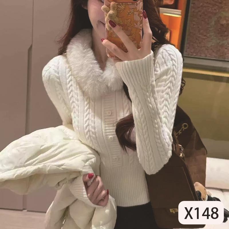 Autumn and Winter Korean Style Simple Knitted Sweater Tops Detachable Fur Collar Warm Sweater for Women onesize