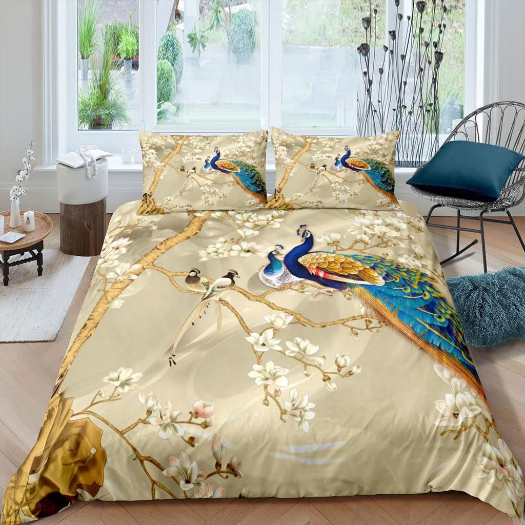 Peacock Duvet Cover Set King Size Floral Pattern Bedding Set Retro Peacock Feather Floral Theme Comforter Cover Luxury Quilt Set