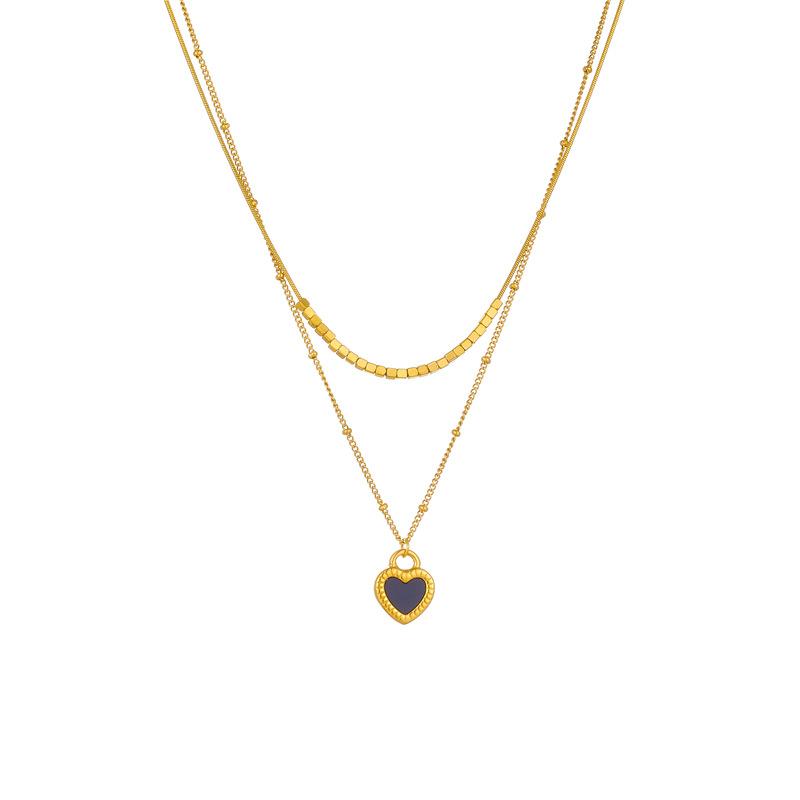 Fashion Minimalist Versatile Heart Gold Titanium Steel Double Layer Layered Chain Black White Love Pendant Necklace
