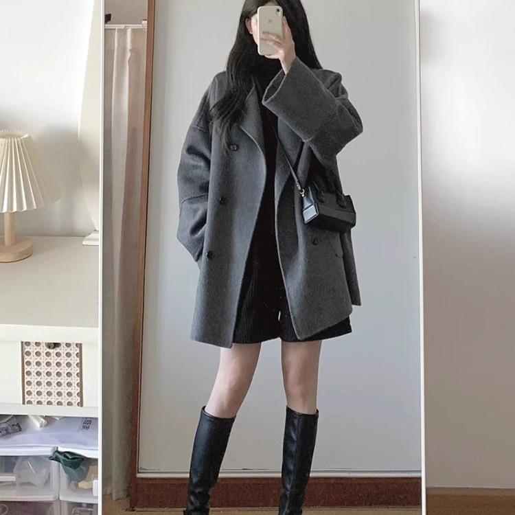 Gray Korean-Style Wool Coat for Women - Spring/Autumn 2025, Petite Mid-Length