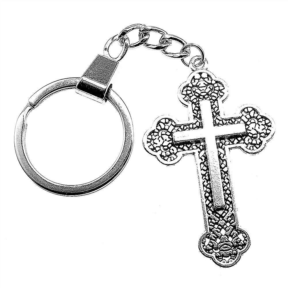Gothic Floral Cross Keychain Religious Theme Pendant Key Ring 30mm Ring