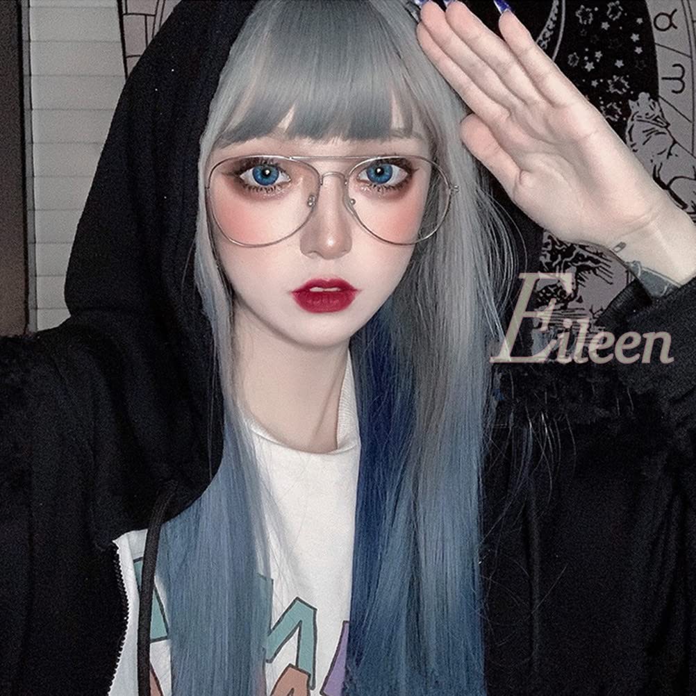 Eileen Blue Gray Medium Long Full Wig Wig Straight Natural Harajuku Style Popular Small Face Effect Cute Medical Women's