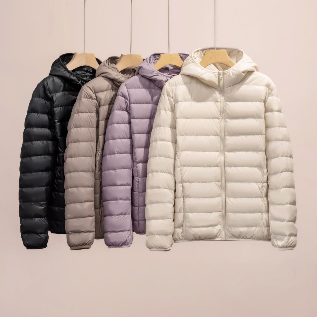 Leichte Daunenjacke für Damen, mit Kapuze, kurz, stilvoll, figurbetont, dünn und leicht, Übergröße, ultraleichte Jacke.