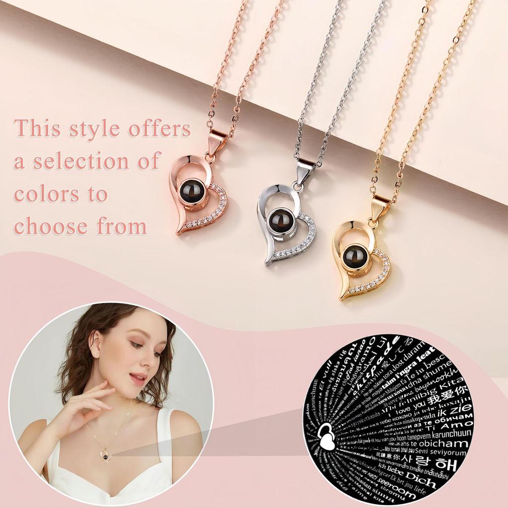 Projection Necklace with "I Love You" In 100 Languages - Peach Heart Pendant for Women, Fresh and Luxurious Design