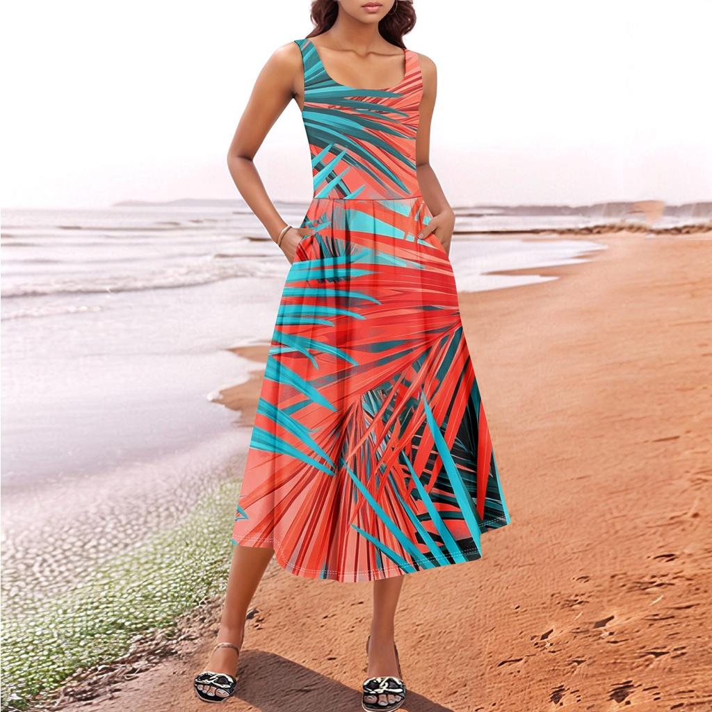 Dámské Léto Jaro Ležérní Květinové Sundress Bez rukávů Plážová Dovolená Splývavé Boho Tank Midi Šaty