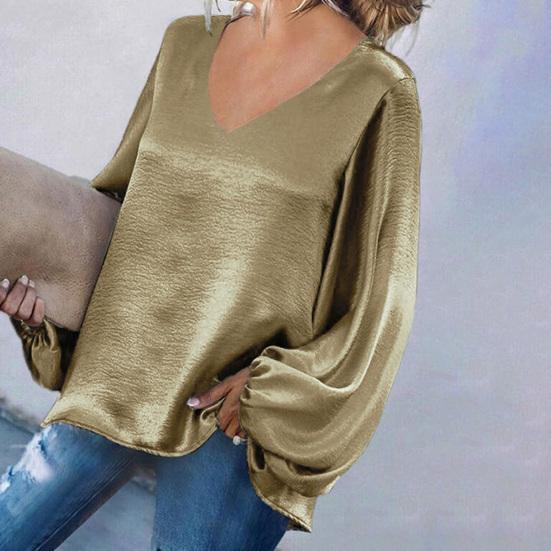 Solid Color Women Blouse Lantern Long Sleeve Simple Satin V-Neck Autumn