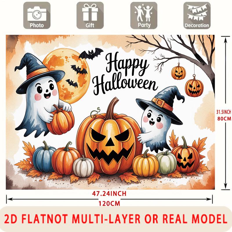 Party Backdrop Halloween Flat Spanish Language Holiday Cute Ghosts Pumpkins Hanging Celebration Photo Booth Front Door Decor