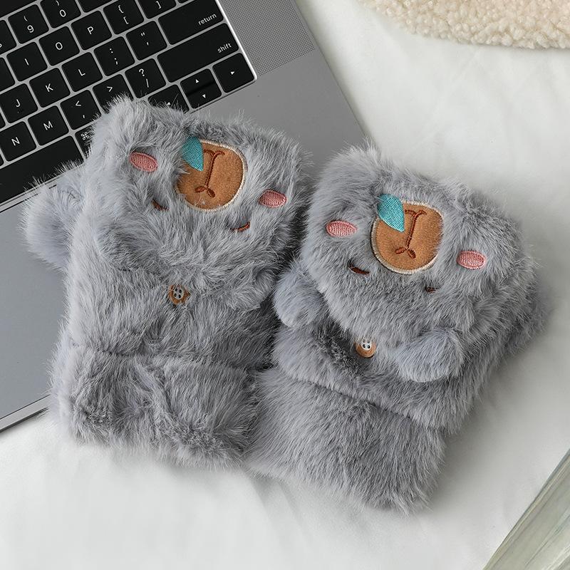 Cute Capybara Plush Gloves Half Finger Flip Cover Fleece Lined Thickened Riding Warm Winter Touchscreen Compatible Student