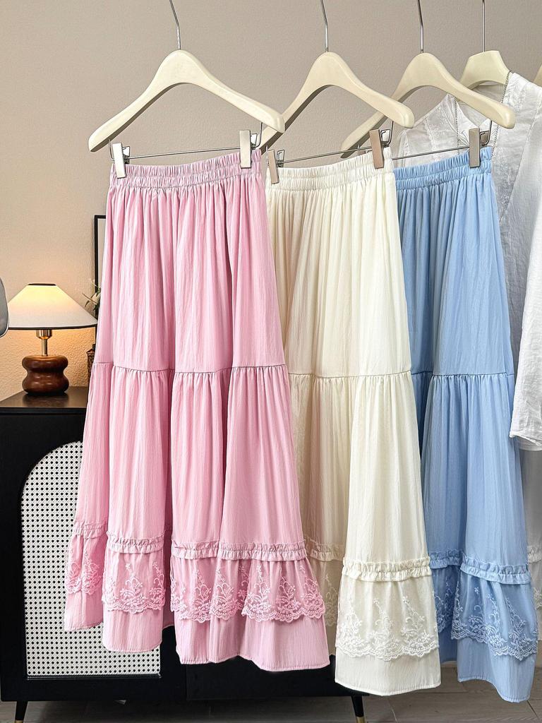 Spring/Summer 2026: Women's High-Waist Layered A-Line Ruffled Lace Skirt