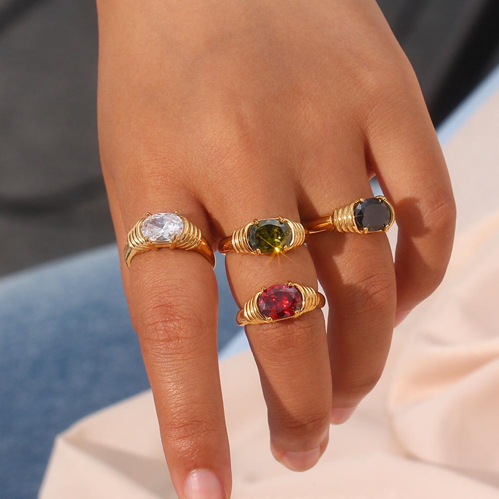 Strong Prong Setting Oval Cutt 3A Zircon Shiny Green Red Black White Stone Ring Stainless Steel Gold Plated Rings For Women