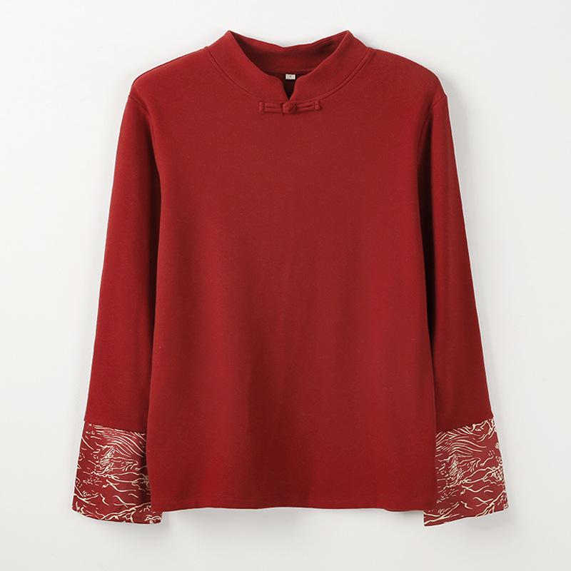 

Футболки женские в китайском стиле Johnature, с длинным рукавом и лоскутным узором, осенние винтажные теплые мягкие женские футболки XXL красный