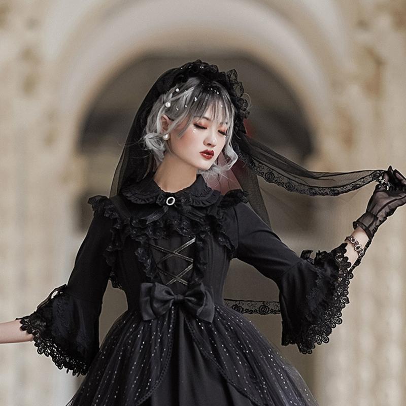 Vintage Brides Lace Veil Headdress Black White Lolita Veil for Outdoor Occasions