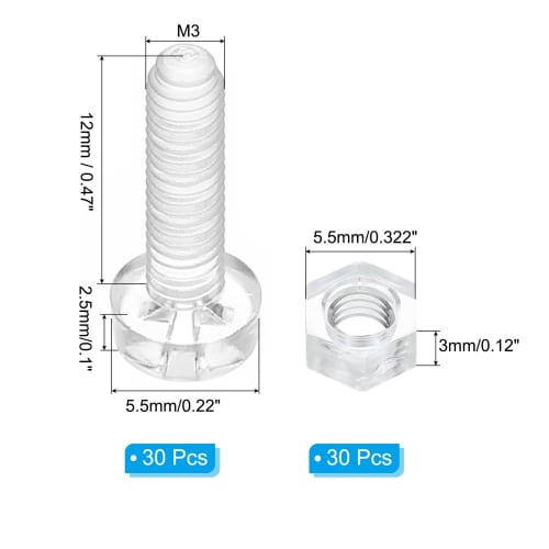 PATIKIL M3x12mm Acrylic Screws with Hex Nuts, Transparent Round Head Bolts for DIY Decoration, Display, Lightweight Models, and Handmade Projects, 30-
