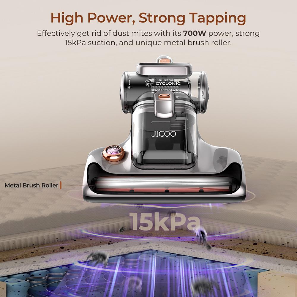 JIGOO T600 Mite Vacuum Cleaner with UV Light & Hot Air [700W/15kPa] - 99.9% Allergen Removal, for Mattresses/Sofas/Carpets