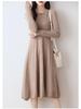 Women's Slim Fit Waist-Cinching Over-the-Knee Knitted Wool Dress - Autumn/Winter Base Layer, Round Neck, New Style