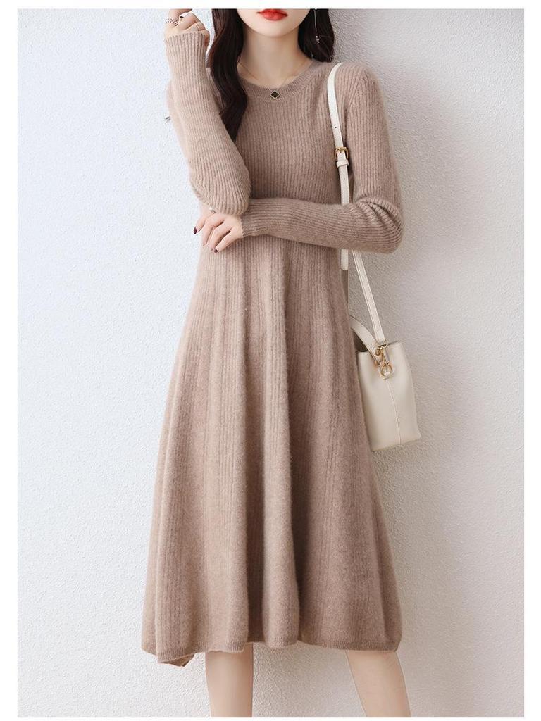 Women's Slim Fit Waist-Cinching Over-the-Knee Knitted Wool Dress - Autumn/Winter Base Layer, Round Neck, New Style