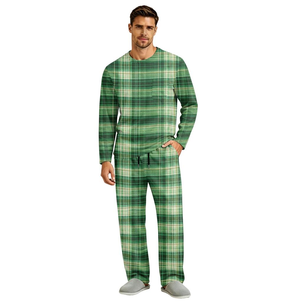 Men's Long Sleeve Pajama Set with Button Crotch and Elastic Drawstring Waist for Home Comfort