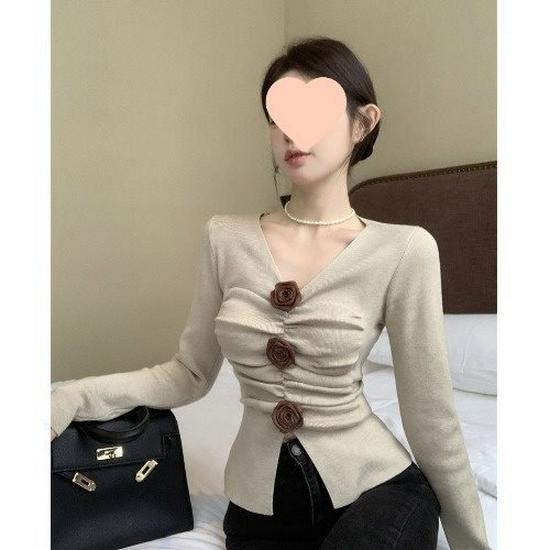 

Вязаный топ с V-образным вырезом и 3D-розой - Женская осенне-зимняя нежная плиссированная приталенная рубашка с длинным рукавом L