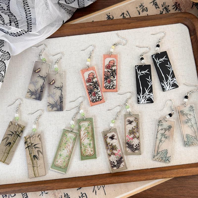 Peony & Bamboo Long Retro Earrings: Chinese Style Creative Acrylic Hooks for Women