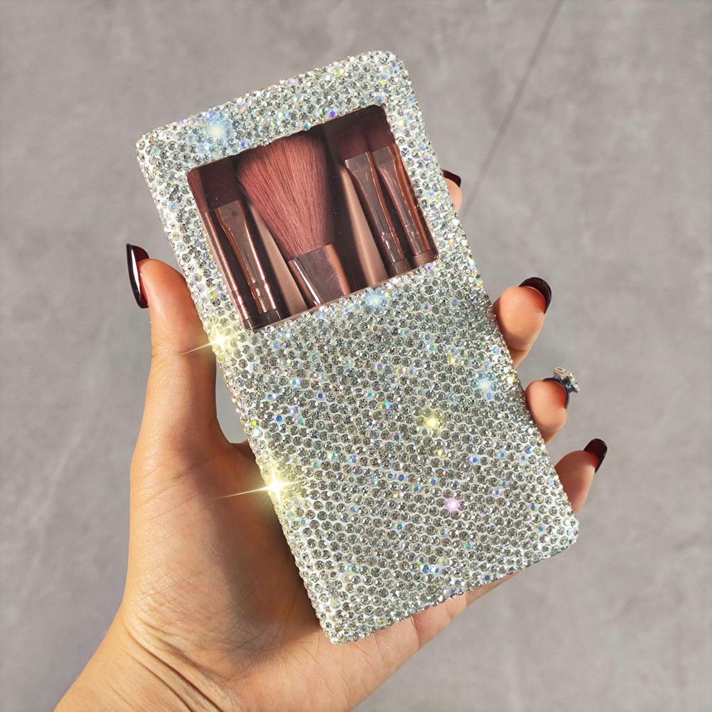 Rhinestone Travel Makeup Box with Mirror & Mini Brush Set