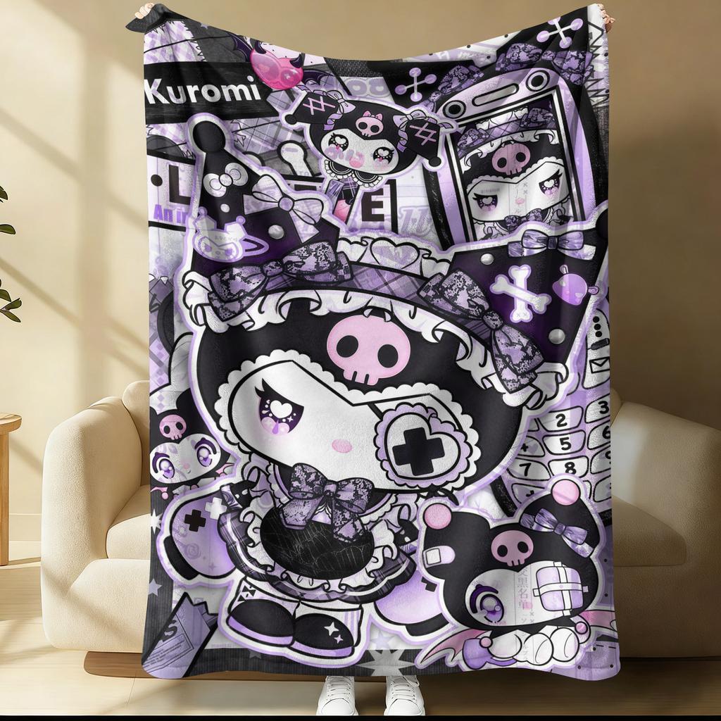 Kuromi Purple Cartoon Car Blanket Cute Comic Strip Pattern Flannel Plush Throw for Home Decor Portable Travel Camping Blanket