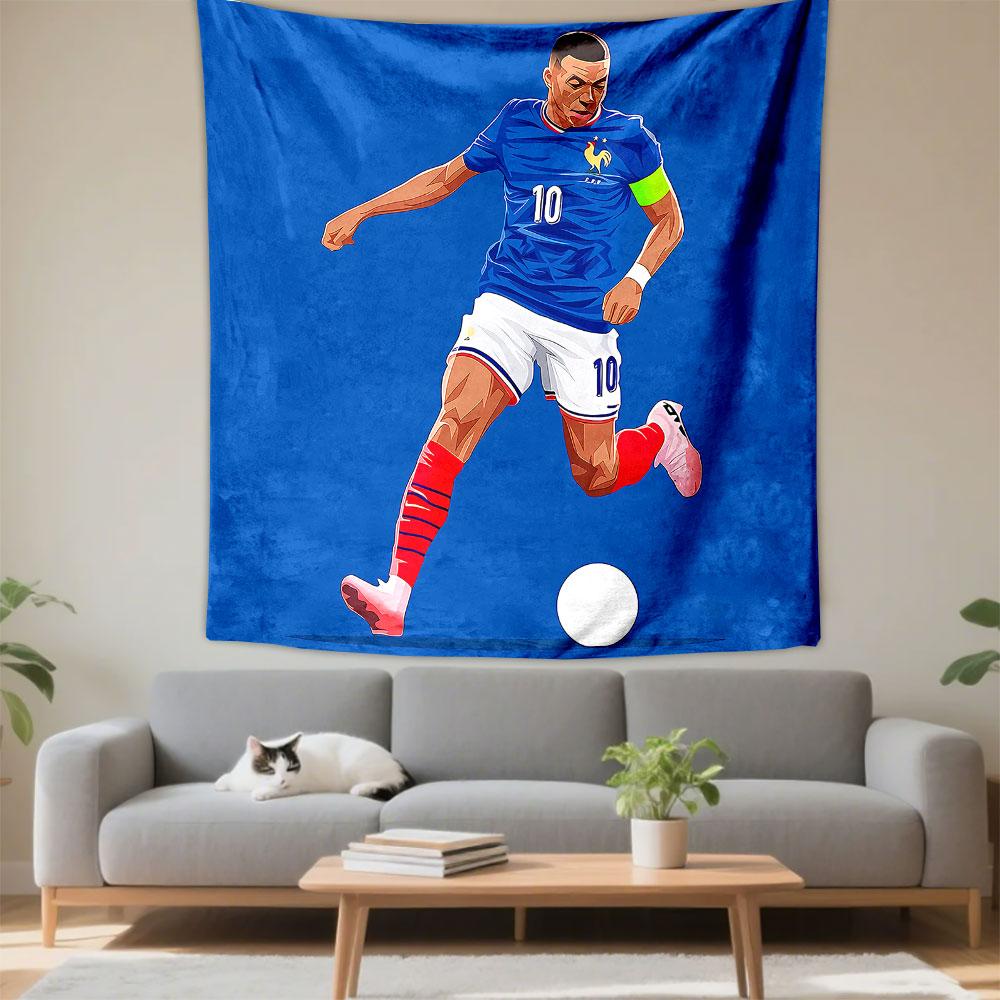 Kylian Mbappe France Number 10 Football Wall Tapestry Blue Jersey Dribbling Pop Art Vector Decor for Boys Bedroom Man Cave Gift