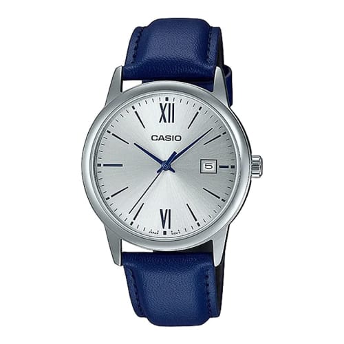 Casio MTP-V002L-2B3 Men's Standard Dress Analog Watch with Blue Leather Band, Silver Dial, and Date Display, Quartz Movement.