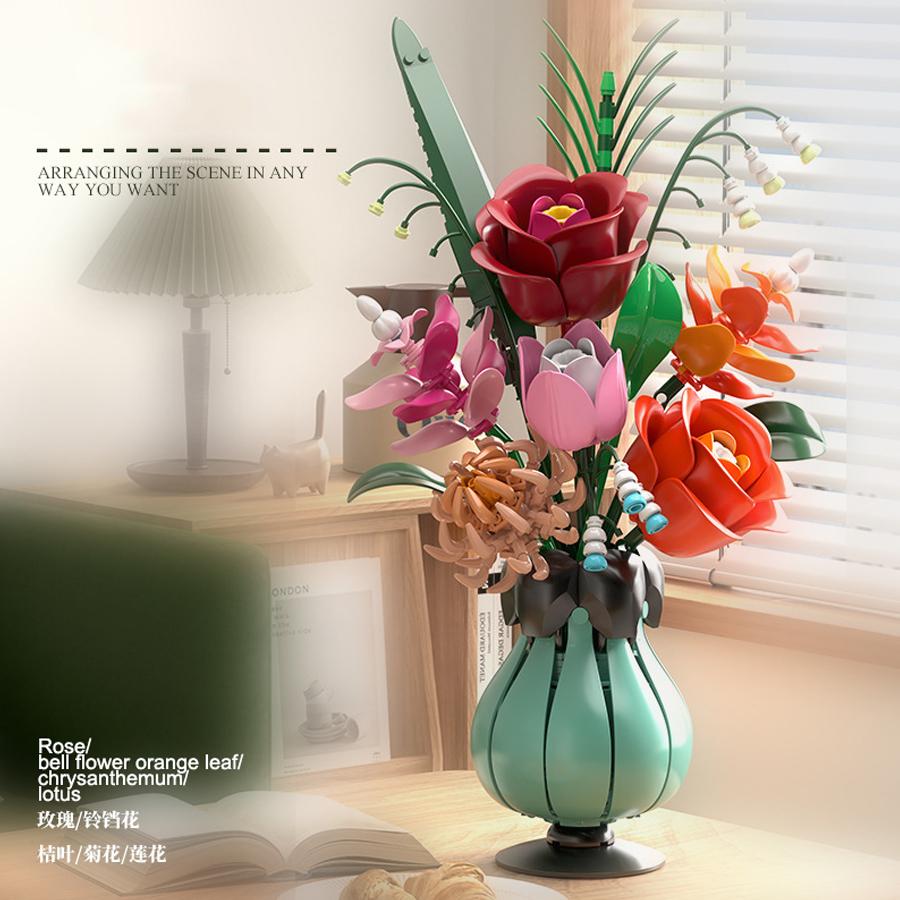 Non-Toxic 566Pcs Diy Daisy Rose Bouquet Building Blocks Plastic Flowers With Vase Children Toys Home Decor New Year Valentine'S Day Gifts