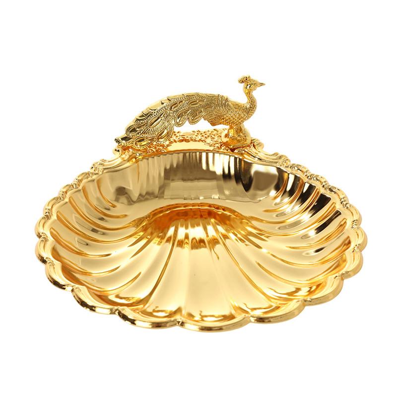 Golden Peacock Relief Design Shell Trays Decorative, Fruit Tray, Snacks, Metal Tray, Home Desktop Organizer, Kitchen Storage Box