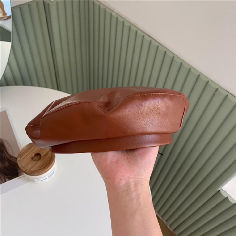 Casual Solid Color PU Beret Y2K Retro Painter Hat British Style Korean Artist Hat Outdoor