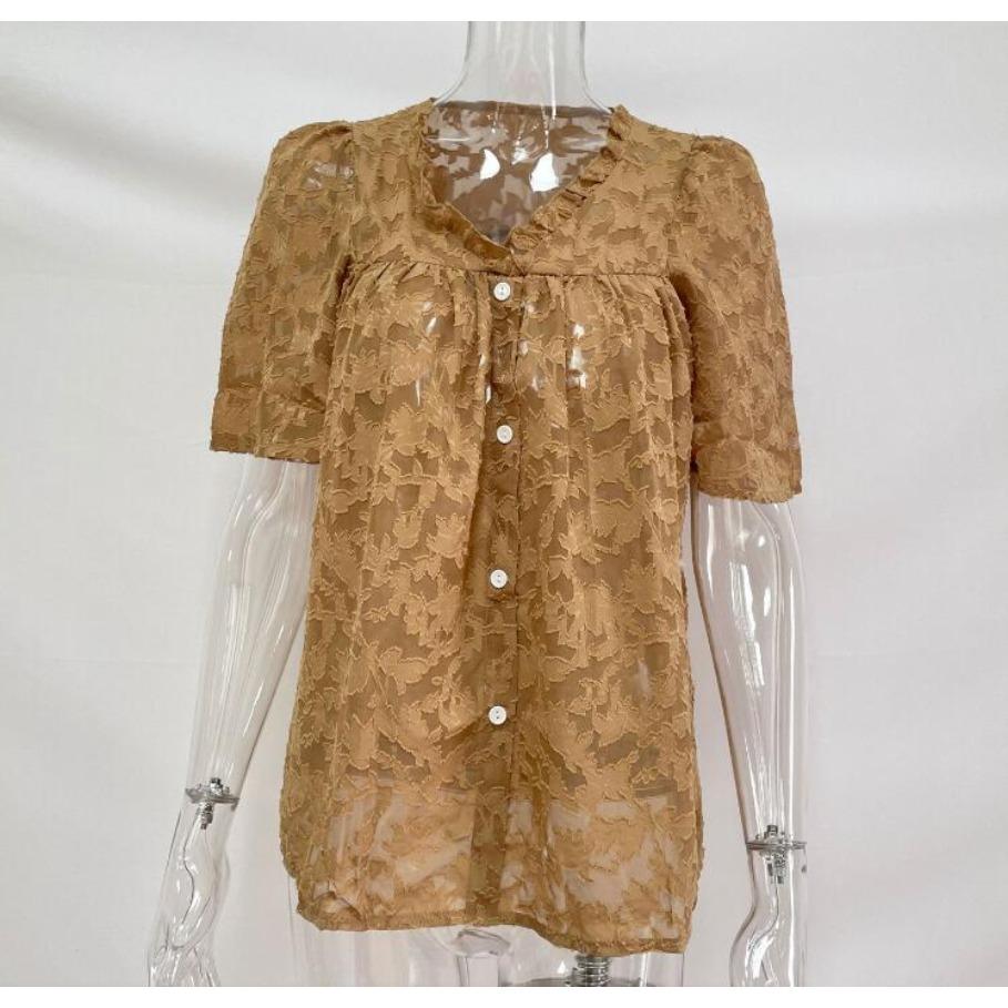 Odzież damska Dekolt w serek Letnia bluzka szyfonowa Jednolita Rękaw trąbkowy Koronkowa wycinanka Top