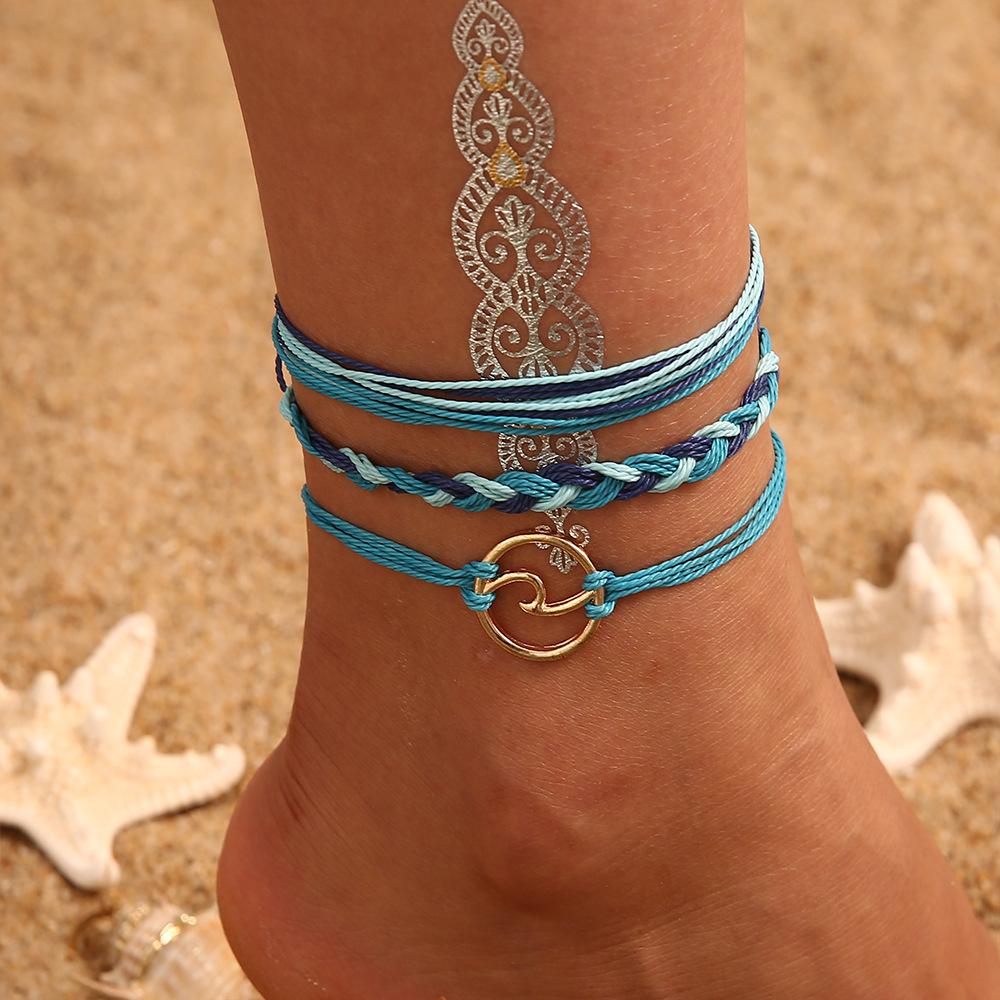 Bohemian Retro Wax Rope Mixed Color Woven Turquoise Sunflower Handmade String Mixed Color Rice Bead Multi-Layer Anklet